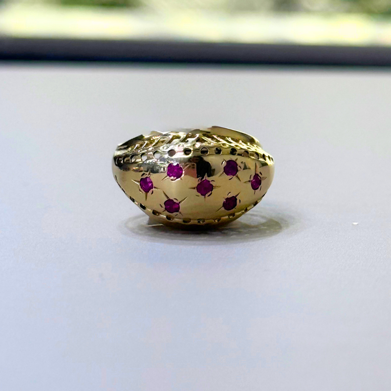 14K Yellow Gold, Ruby Star Domed Ring