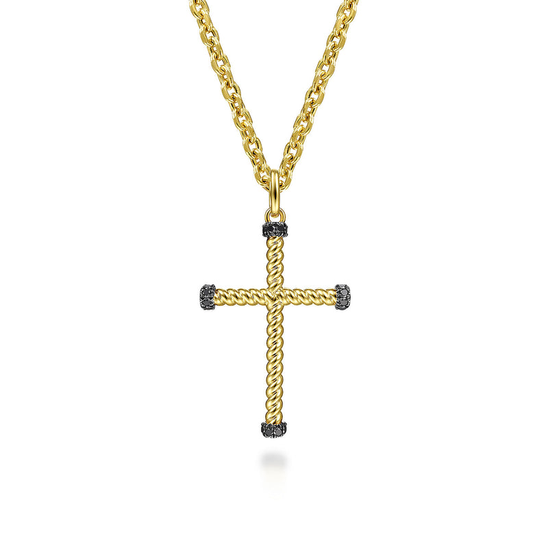 14K Yellow Gold Twisted Rope Cross Pendant with Black Diamonds