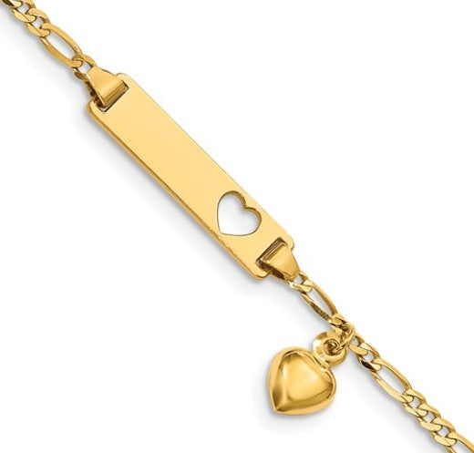 14K Cut-out Heart with Dangling Heart Children's Figaro Link ID Bracelet image