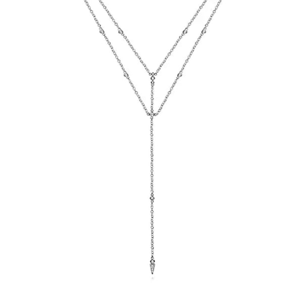 14K White Gold Y Necklace with 0.26 cttw Diamond Stations - Bay Hill Jewelers