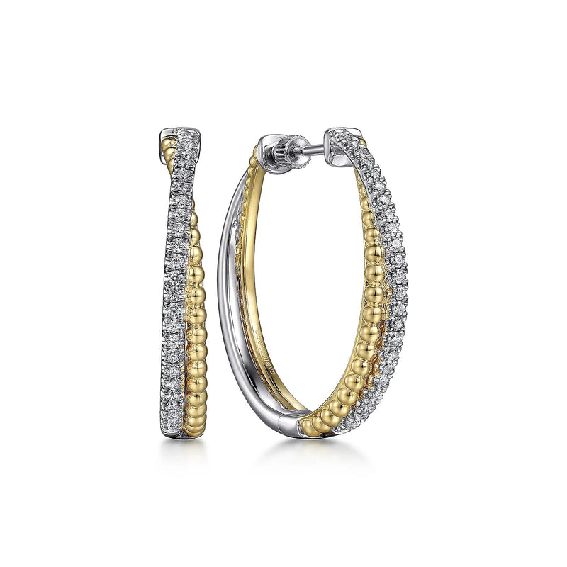 14K White - Yellow Gold Diamond Bujukan Cris Cross Classic Hoop Earrings in size 33 5mm - Bay Hill Jewelers