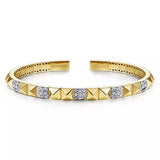 14K Yellow and White Gold Pyramid Bangle with Pave Diamond Stations - Bay Hill Jewelers