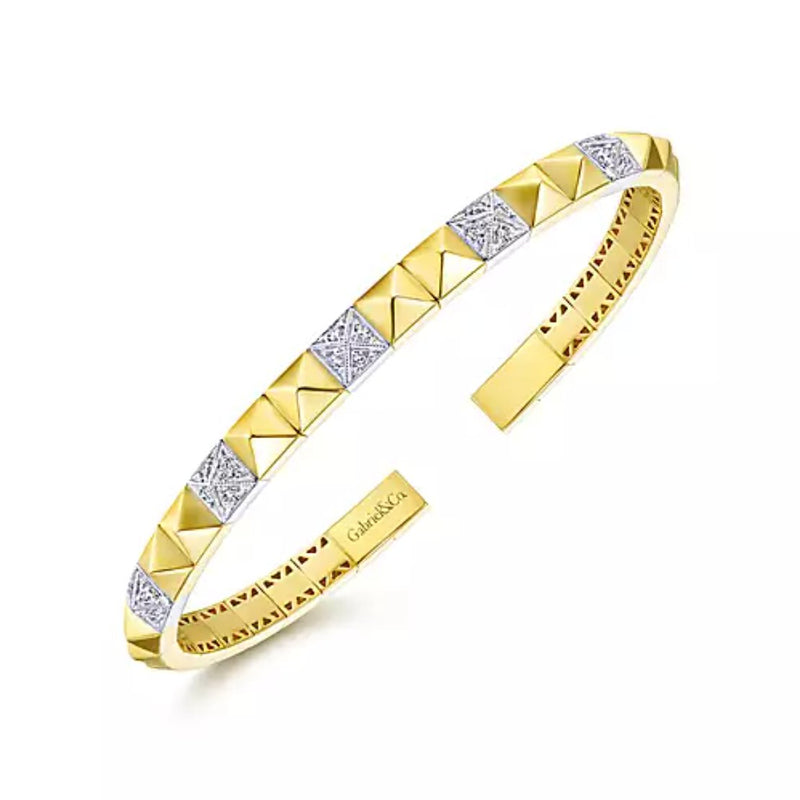 14K Yellow and White Gold Pyramid Bangle with Pave Diamond Stations - Bay Hill Jewelers