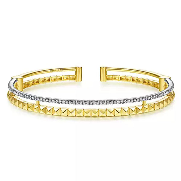 14K Yellow and White Gold Split Cuff with Pyramids and Diamonds - Bay Hill Jewelers