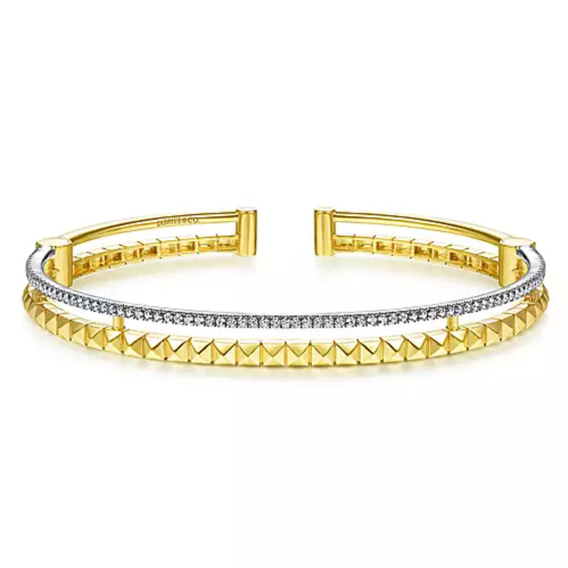 14K Yellow and White Gold Split Cuff with Pyramids and Diamonds - Bay Hill Jewelers