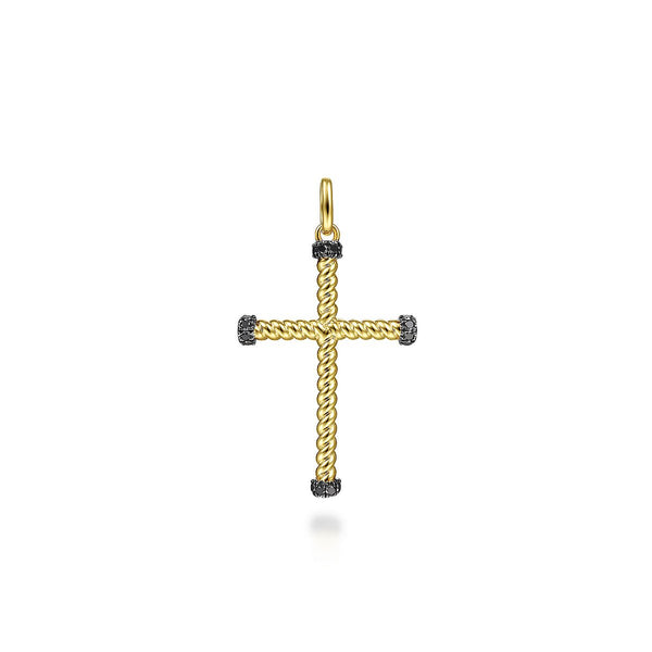 14K Yellow Gold Twisted Rope Cross Pendant with Black Diamonds - Bay Hill Jewelers