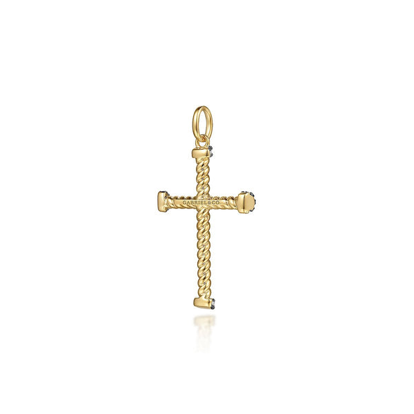 14K Yellow Gold Twisted Rope Cross Pendant with Black Diamonds - Bay Hill Jewelers