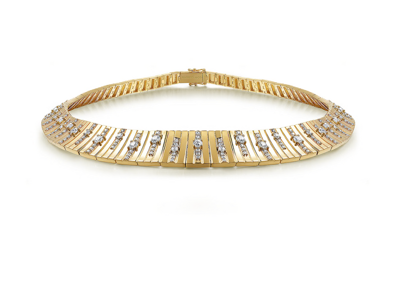 18K Yellow Gold Contemporary Diamond Station Choker Necklace