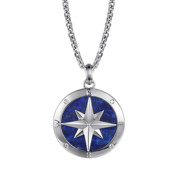 22" Sterling Silver Diamond and Lapis Compass Pendant Necklace