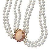 Pearl Strand with Coral Cabochon and Pink Tourmaline Clasp