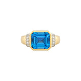 Emerald Cut Blue Topaz Ring with Side Diamonds