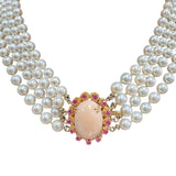 Pearl Strand with Coral Cabochon and Pink Tourmaline Clasp