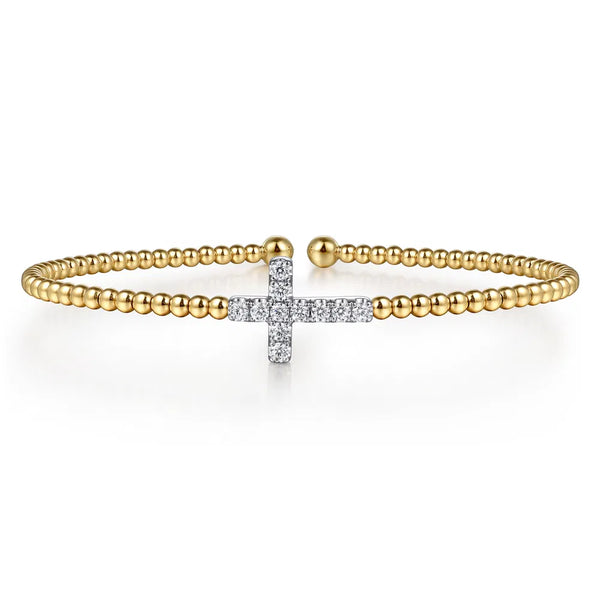 14K White & Yellow Gold Bujukan and Diamond Cross Split Bangle Bracelet