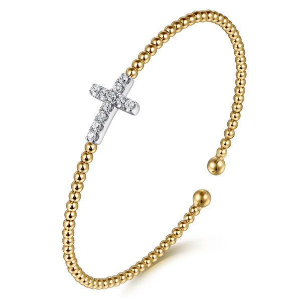 14K White & Yellow Gold Bujukan and Diamond Cross Split Bangle Bracelet