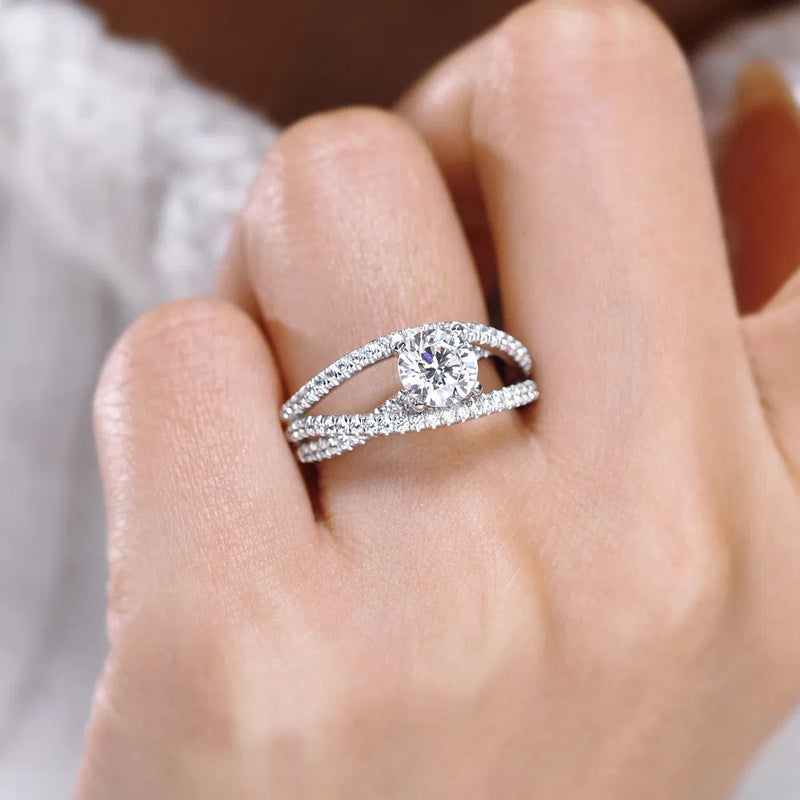 14K White Gold Round Free Form Overlapping Rows Diamond Engagement Rin ...