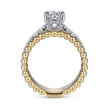 IN STOCK 14K White-Yellow Gold Round Diamond Sides and Diamond Hidden Halo Beaded Outer Bands Engagement Ring