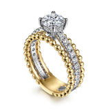 IN STOCK 14K White-Yellow Gold Round Diamond Sides and Diamond Hidden Halo Beaded Outer Bands Engagement Ring