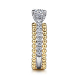 IN STOCK 14K White-Yellow Gold Round Diamond Sides and Diamond Hidden Halo Beaded Outer Bands Engagement Ring