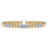 14K White and Yellow Gold Diamond Pave Three Station Bar Bujukan Beads Split Bangle Bracelet - Bay Hill Jewelers