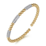 14K White and Yellow Gold Diamond Pave Three Station Bar Bujukan Beads Split Bangle Bracelet - Bay Hill Jewelers