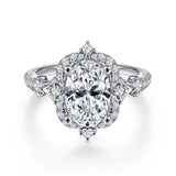 IN STOCK 14K White Gold Diamond Vintage Inspired Oval Halo Engagement Ring