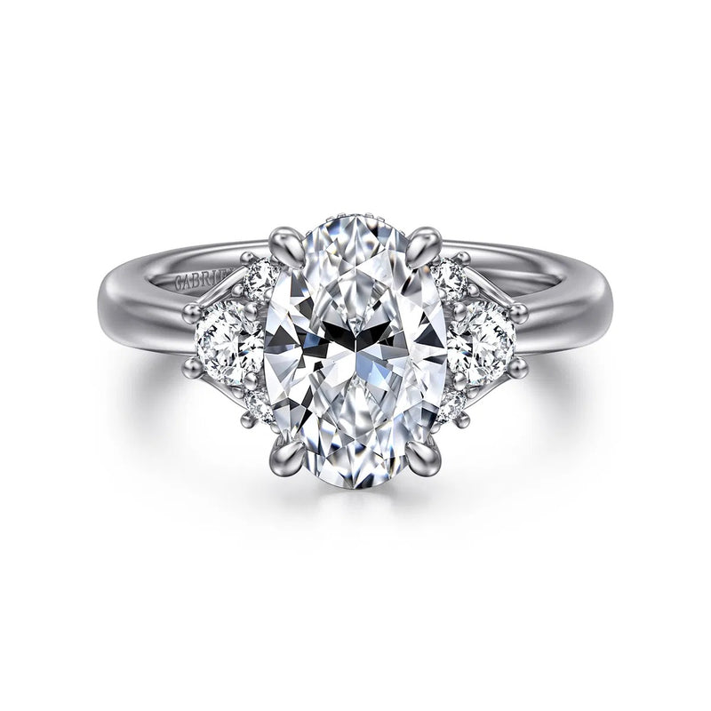 14K White Gold Oval Lotus Diamond Engagement Ring