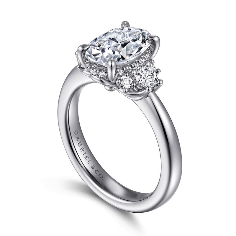 14K White Gold Oval Lotus Diamond Engagement Ring