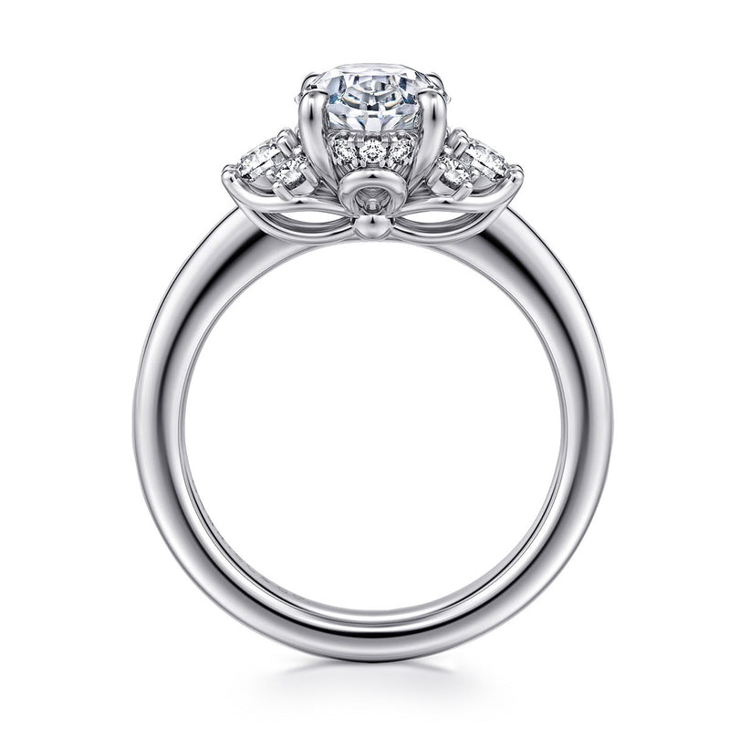 14K White Gold Oval Lotus Diamond Engagement Ring