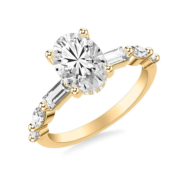 Contemporary Engagement Ring with Hidden Diamond Halo with Mixed Fancy Baguette, Marquise and Round Diamond Shank