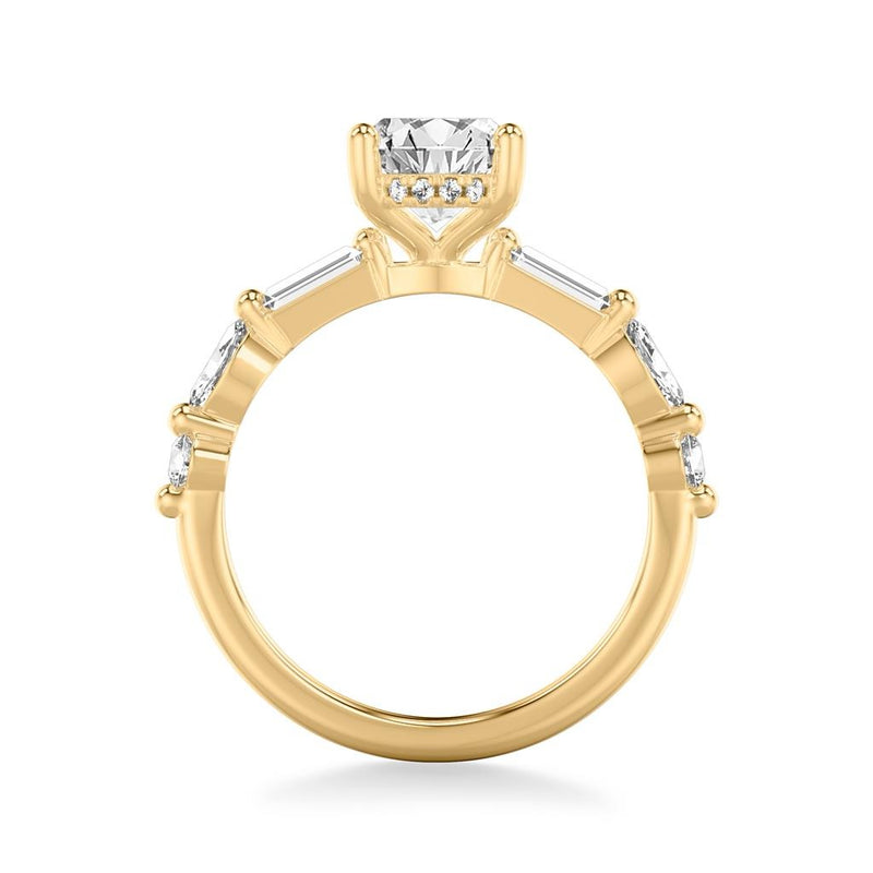 Contemporary Engagement Ring with Hidden Diamond Halo with Mixed Fancy Baguette, Marquise and Round Diamond Shank