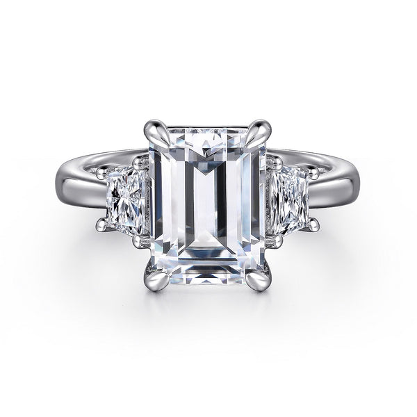 18K White Gold Emerald Cut Three Stone Diamond Engagement Ring