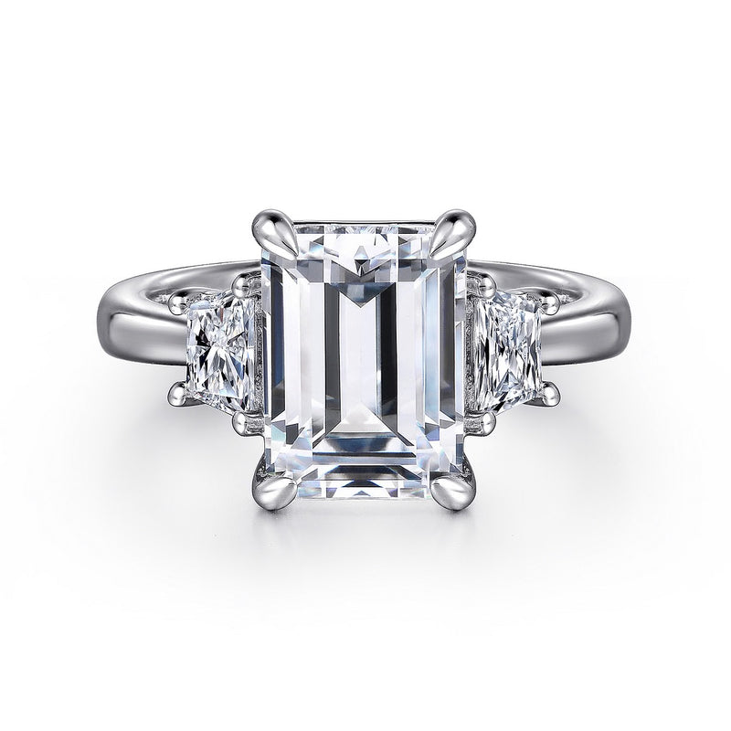18K White Gold Emerald Cut Three Stone Diamond Engagement Ring
