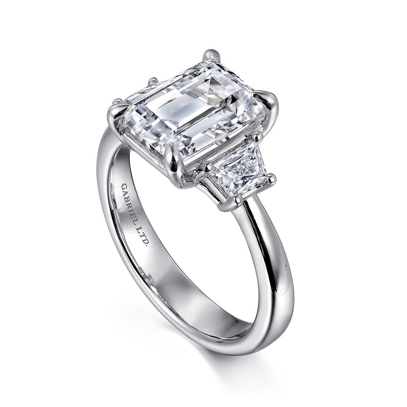 18K White Gold Emerald Cut Three Stone Diamond Engagement Ring