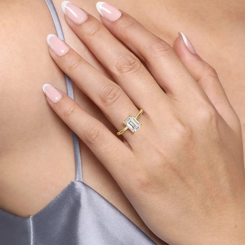 14K Yellow Gold Hidden Halo Emerald Cut Diamond Engagement Ring