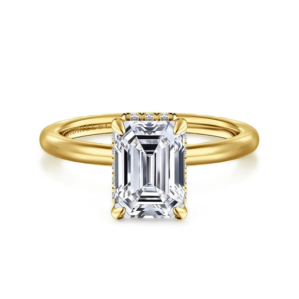 14K Yellow Gold Hidden Halo Emerald Cut Diamond Engagement Ring
