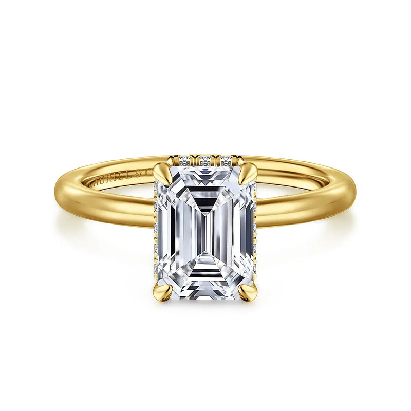 14K Yellow Gold Hidden Halo Emerald Cut Diamond Engagement Ring