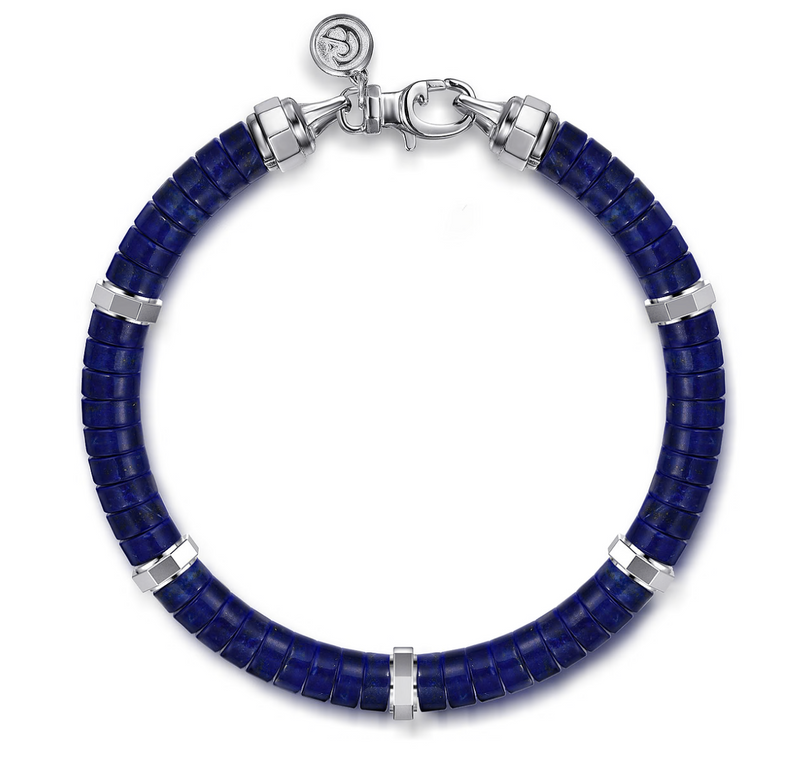 Sterling Silver Lapis Cylinder Beaded Bracelet