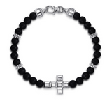 925 Sterling Silver 6mm Matte Onyx Beaded Bracelet with Square Cross