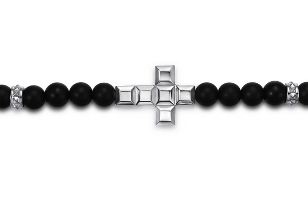 925 Sterling Silver 6mm Matte Onyx Beaded Bracelet with Square Cross