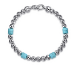 925 Sterling Silver 6mm ball and Turquoise Cylinder Beaded Bracelet