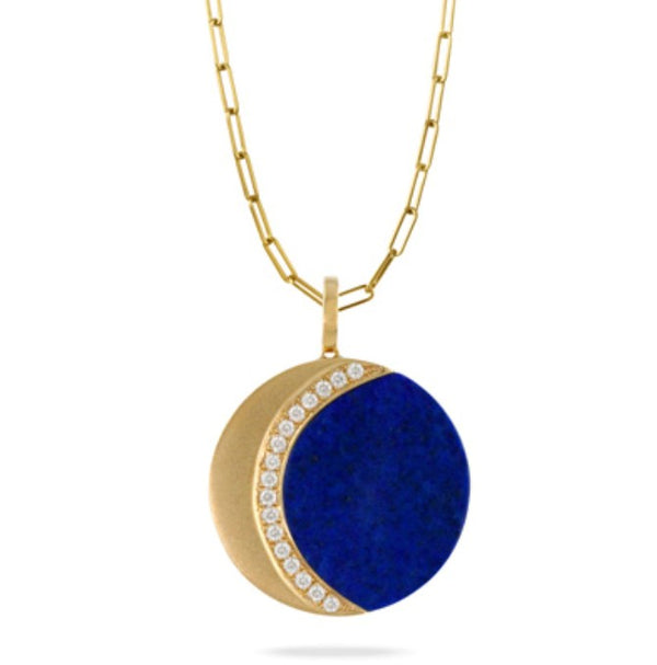 Lapis Medallion with Satin Finish Crescent Moon and Diamond Edge Pendant