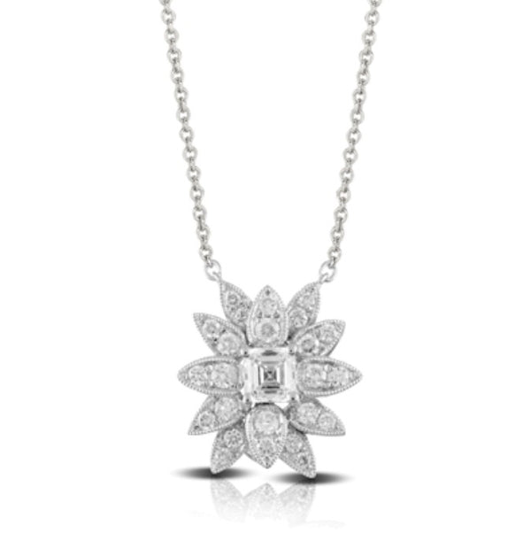 Round Diamond Flower Design Necklace with Asscher Cut Diamond Center