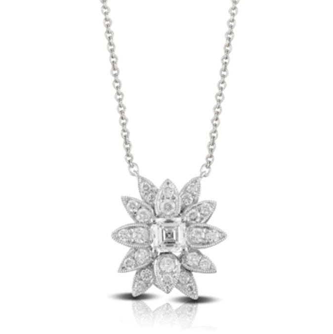Round Diamond Flower Design Necklace with Asscher Cut Diamond Center