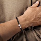 925 Sterling Silver 6mm Matte Onyx Beaded Bracelet with Square Cross - Bay Hill Jewelers