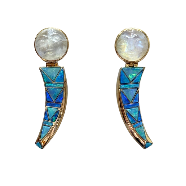 Moonstone and Opal Moon Claw Drop Earrings
