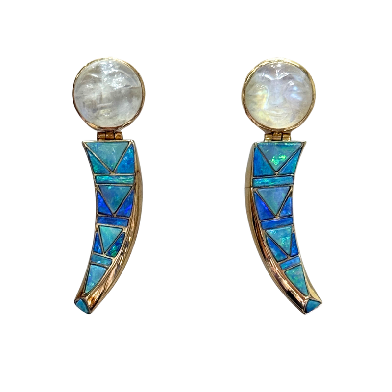 Moonstone and Opal Moon Claw Drop Earrings