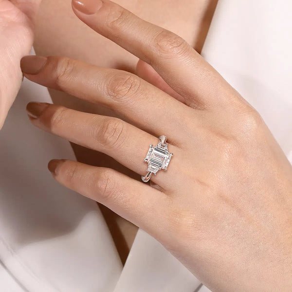 18K White Gold Emerald Cut Three Stone Diamond Engagement Ring