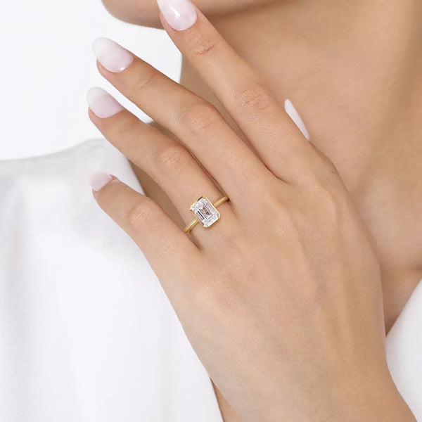 14K Yellow Gold Emerald Cut Bezel Set Solitaire Diamond Engagement Ring