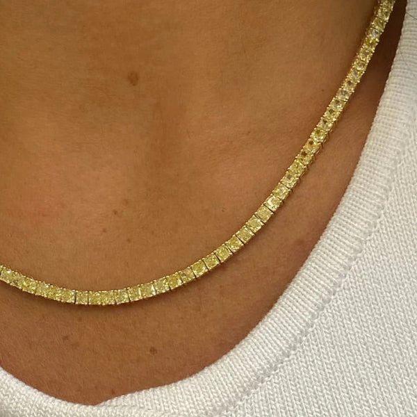 Cushion Cut Fancy Yellow Diamond Tennis Necklace 17 inch