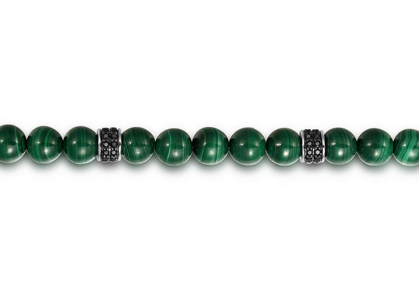 925 Sterling Silver 6mm Black Spinel and Malachite Beaded Bracelet